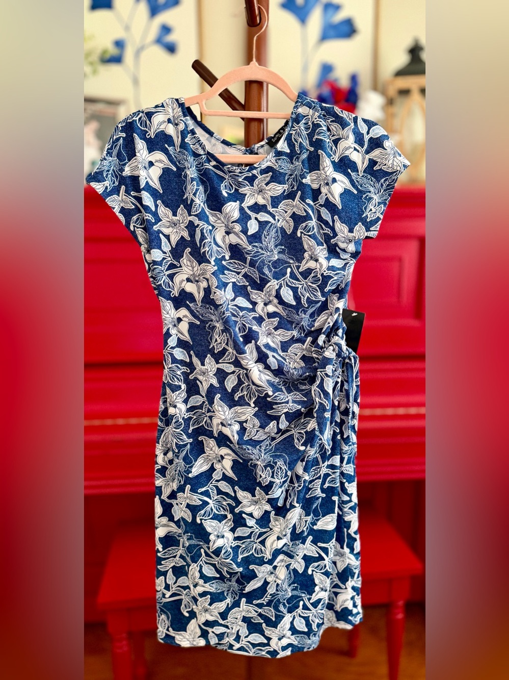 PETITE Small Navy Blue Floral Wrap-Style Dress